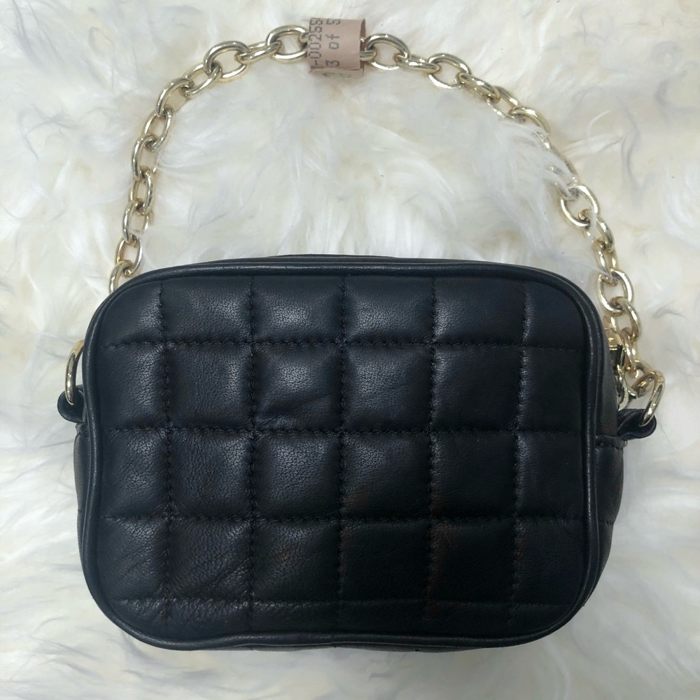 BCBGMaxAzria Gold Chain Black Quilted Leather Clutch Wristlet Handbag